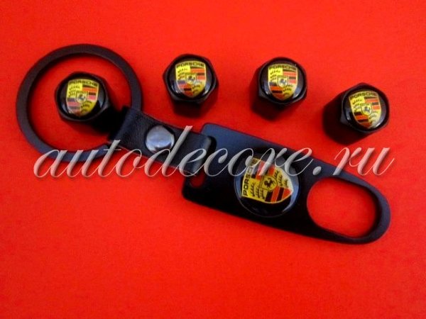 Колпачки на ниппель Porsche с брелоком-ключом на кожаной подвеске black style
